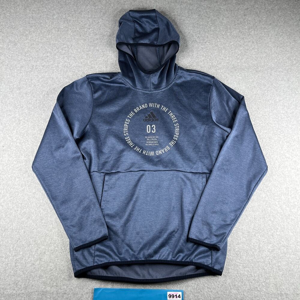 Adidas Hoodie Medium Navy Blue Graphic Print Pockets Pullover Mens